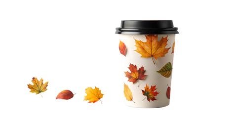 Disposable coffee cup with autumn leaf pattern isolated on transparent background fall season concept
