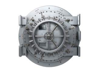 Close-up of a large, round, metallic vault door