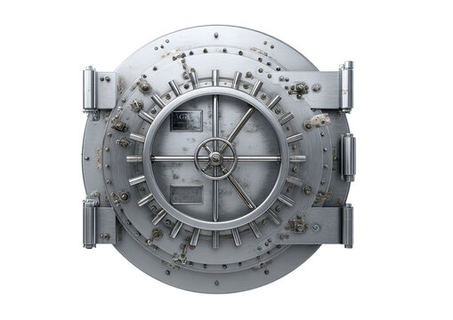 Close-up of a large, round, metallic vault door