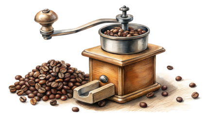 Vintage coffee grinder with coffee beans isolated on transparent background, watercolor style
