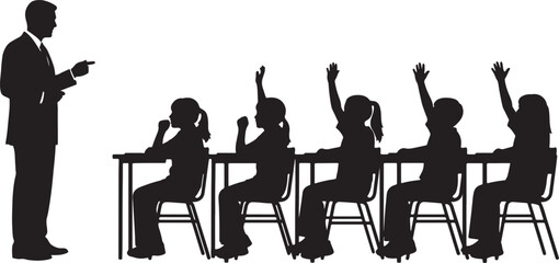 Teacher pointing at students with raised hands in a classroom silhouette education learning on transparent background