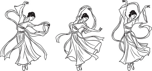 Three line art illustrations of a graceful dancer in flowing robes dancing ballet on transparent background © PixelSaga MH2 