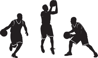 Three silhouettes of basketball players in action with basketballs on a white background dribbling shooting on transparent background © PixelSaga MH2 