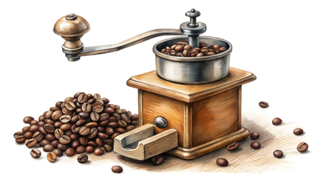 Vintage coffee grinder with coffee beans isolated on transparent background, watercolor style