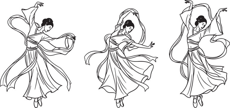 Three line art illustrations of a graceful dancer in flowing robes dancing ballet on transparent background