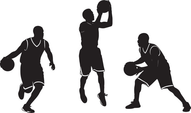 Three silhouettes of basketball players in action with basketballs on a white background dribbling shooting on transparent background