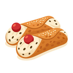 Delicious cannoli illustration with cream filling, chocolate chips, and cherries on each end