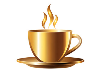 Golden coffee cup with steam on a saucer, elegant and luxurious isolated on transparent background
