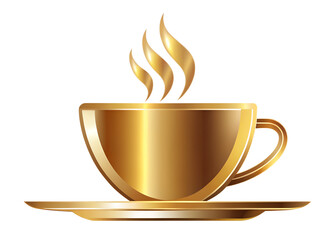 Elegant golden coffee cup with steam isolated on transparent background, a luxurious beverage experience