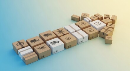 3D realistic render of cardboard boxes forming forward arrow symbolizing logistics progress and delivery direction