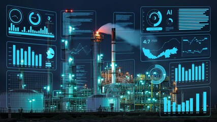 Industrial Innovation: A digital interface overlays an industrial plant, showcasing data visualization and the evolution of industry - Powered by Adobe