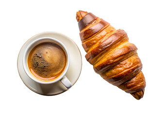 Top view of a delicious croissant and a cup of coffee isolated on transparent background