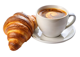 Close up of a croissant and a cup of coffee isolated on transparent background, top view