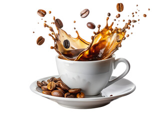Coffee splash in a white cup with coffee beans isolated on transparent background