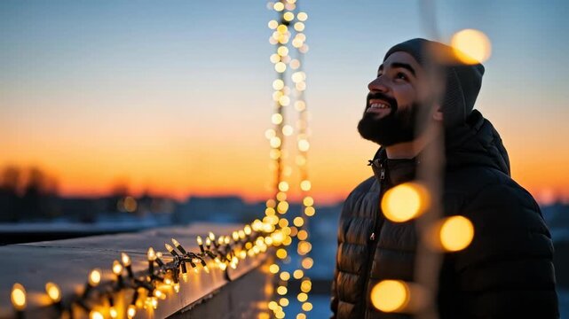 Man preparing Christmas decoration on a rooftop using a staple gun, looking up at string lights at sunset, happy celebration footage.