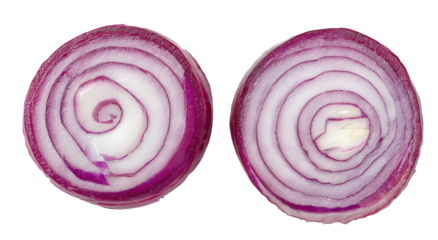 Two cross-sections of a red onion