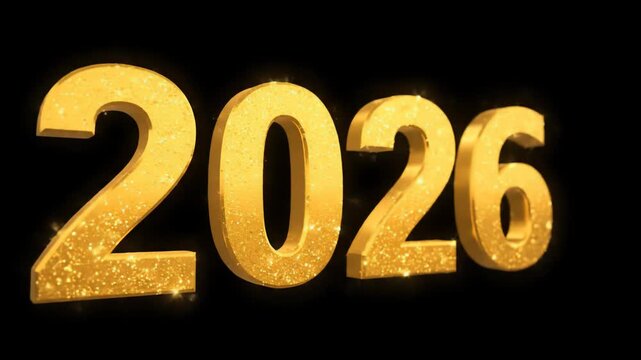 Three dimensional golden numbers spelling out the year 2026, illuminated with sparkling particles against a plain black backdrop.