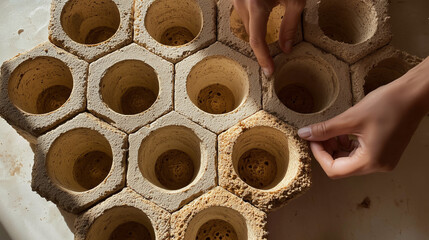 Hands assembling hexagonal mushroom mycelium blocks for sustainable design