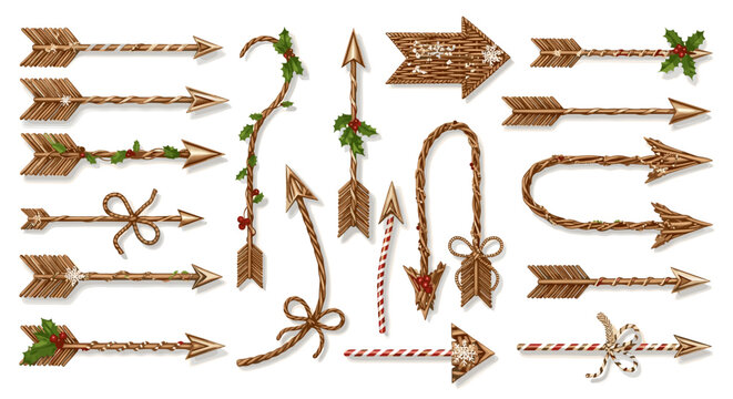 Vector art of collection of rustic wooden arrows with festive holiday accents