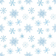 Watercolor painted snowflakes. Texture, frost. Set of watercolor snowflakes. Patterns. Print for fabric. Set of frames, border. Blue snow compositions. Winter, holidays. Christmas.