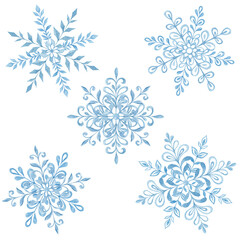 Watercolor painted snowflakes. Texture, frost. Set of watercolor snowflakes. Patterns. Print for fabric. Set of frames, border. Blue snow compositions. Winter, holidays. Christmas.