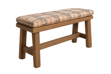 Wooden bench with plaid upholstered seat on transparent background