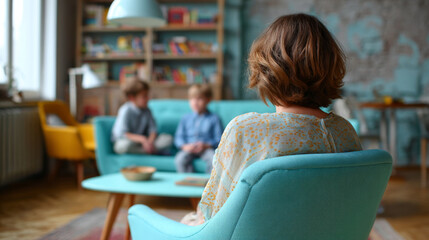 Child therapist observing interaction between two young boys during session in colorful office