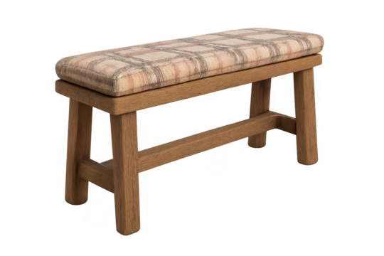 Wooden bench with plaid upholstered seat on transparent background