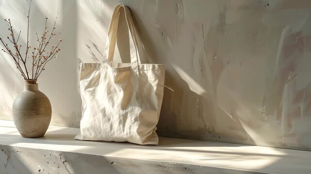 Eco Friendly Canvas Tote Bag and Vase in Natural Sunlight.