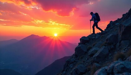 Fototapeta premium Silhouetted Hiker Conquering Rocky Mountain Peak at Sunset A Dramatic Achievement of Perseverance