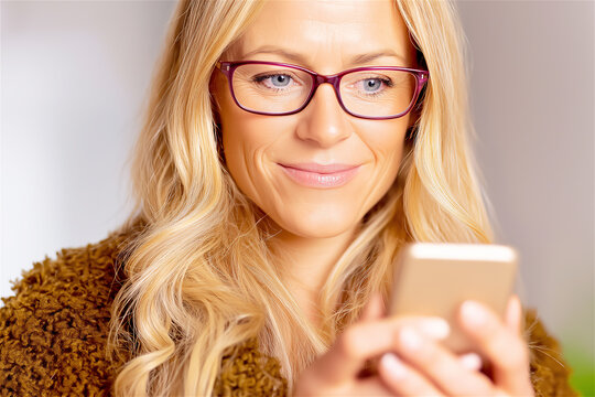 Smiling woman with glasses using smartphone indoors, concept of communication, social media and modern lifestyle.