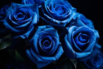 Beautiful blue roses with water droplets creating a stunning floral arrangement against a dark background