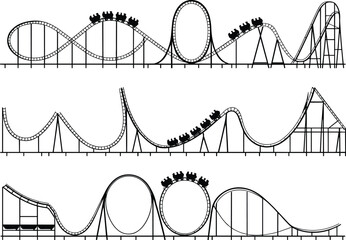 Roller coaster track set, black and white design, thrill ride layout, loops and drops, amusement park vector illustration