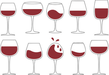 Red wine glasses, liquid motion, splash effect, dynamic pour, elegant drinkware, beverage illustration, isolated vector, artistic composition