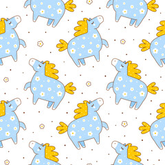 Seamless pattern with cute сartoon horse with flowers - funny animal background for Your kawaii design