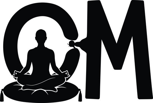Silhouette of a person meditating in lotus pose on a cushion integrated into the letter o of the word om