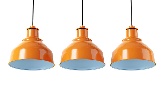 Three hanging orange pendant lamps