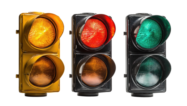 Three traffic lights showing yellow, red, and green