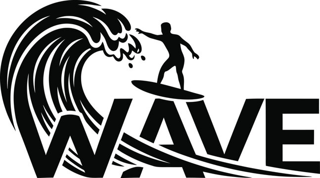 Silhouette of a surfer riding a large breaking wave incorporated into the word wave