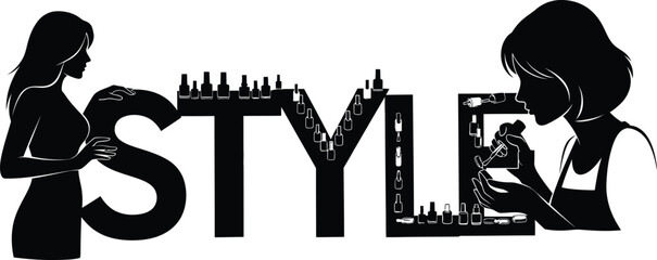 Stylish women embrace beauty and fashion trends with makeup and perfume bottles arranged artistically