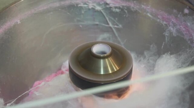 a closeup shot of a cotton candy machine making cotton candy.