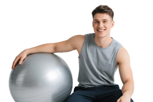 A young man in a tank top sits beside an exercise ball, engaged in fitness training.
