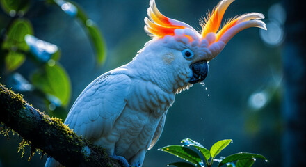 Majestic white citron cockatoo perched among lush green foliage in soft natural light