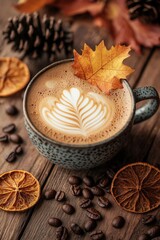 Autumn cappuccino in ceramic mug with latte art and dried orange slices on rustic wooden table, cozy fall still life with coffee beans, pinecones, seasonal leaves, café branding, cozy lifestyle design