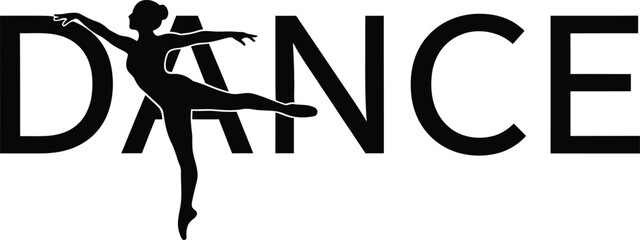 Elegant silhouette of a ballerina dancing gracefully within the word dance