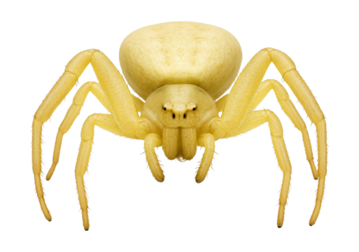 Pale yellow crab spider with a wide, flat body and legs extended sideways.