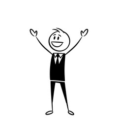 A person celebrating a promotion, with raised arms and a smile
