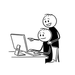 A person with a friendly attitude helps a colleague solve a computer problem.