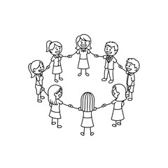 A group of people holding hands in the center, symbolizing teamwork, 