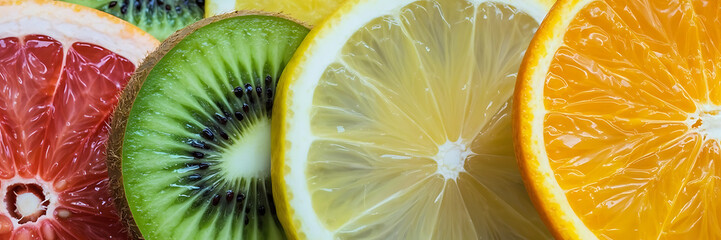 Slice cut fruits macro close-up. Fresh fruit texture surface for wallpaper banner background with copyspace